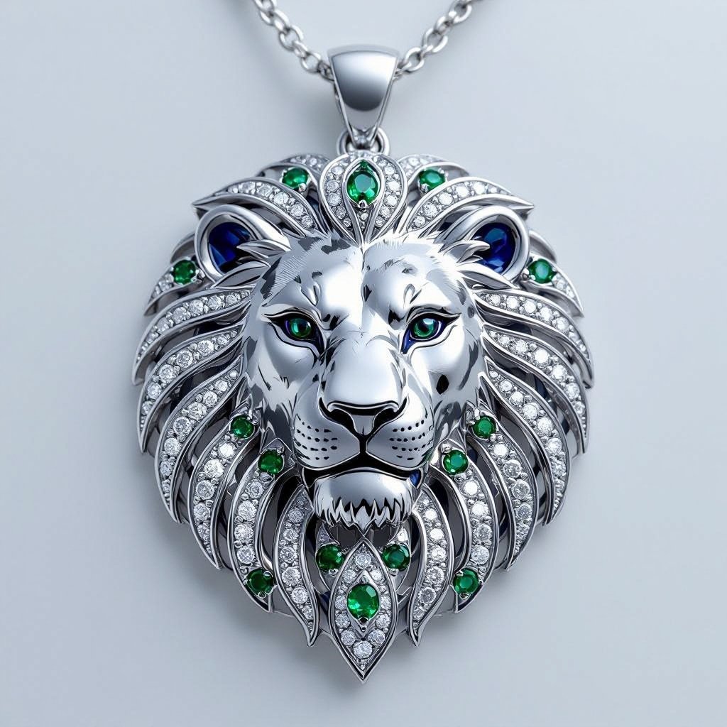 Design a lion Design a contemporary pendant featuring a single, large diamond shaped like a wing, symbolizing freedom and elegance. The diamond is elegantly set in a sleek, minimalist rose gold frame that accentuates its brilliance. The modern aesthetic is enhanced with clean lines and asymmetry, making it a striking statement piece for the avant-garde wearer.