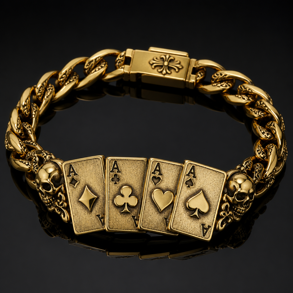 A gothic men's bracelet made of gold. pulsera con placa de 4 cartas de poker de Ases con su respectiva letra A