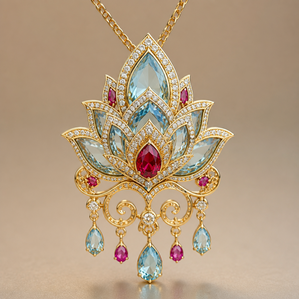 A romantic women's ring made of gold with aquamarine and ruby and diamond stones suitable for daily wear, highly ornate, intricate and elaborate, richly detailed. Cadena con un diseño de flor de loto
photorealistic jewelry design, A romantic women's ring made of gold with aquamarine and ruby and diamond stones suitable for daily wear, highly ornate, intricate and elaborate, richly detailed. Cadena con un diseño de flor de loto, romantic style, just the design no text