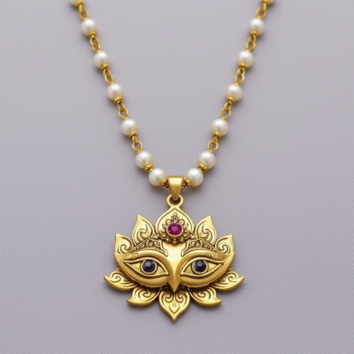 Кулон на длинной цепочке. Матовое светлое золото. В цепочке небольшие золотые шарики и жемчуг. Кулон в виде двух глаз над ними лотос с маленьким красным камнем внутри узоры завитушки 