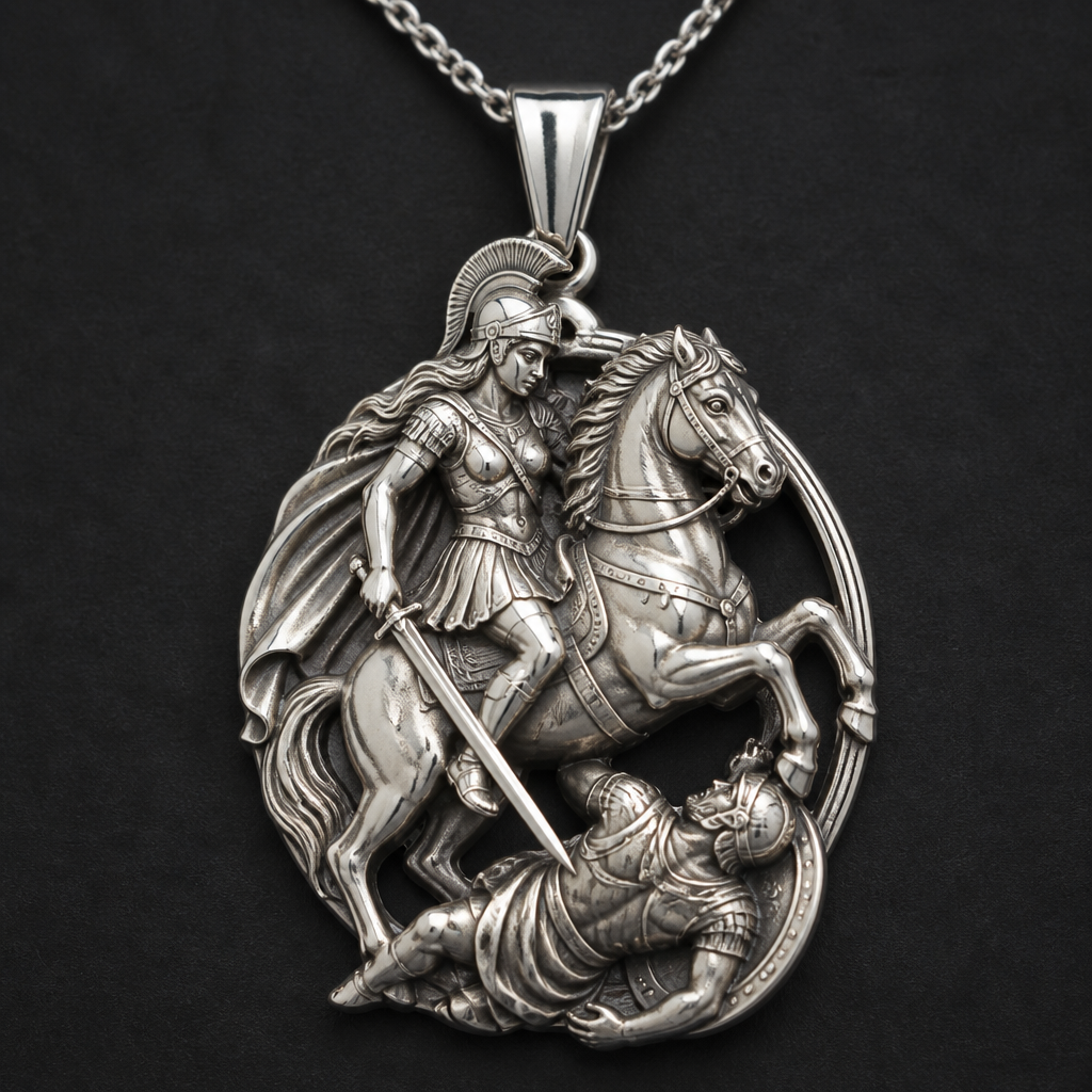 A modern women's pendant made of silver suitable for daily wear. An extraordinary excellent beautiful delicate and elegant pendant with Saint Demetrios with a beautiful delicate and elegant face, with long hair, with a beautiful delicate elegant and fit body, with a beautiful delicate and elegant armour, with a beautiful delicate and elegant helmet on his head over his horse striking with his sword an unfaithful.