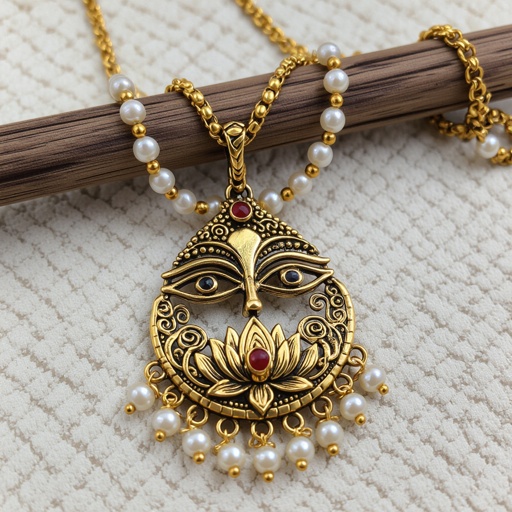 Кулон на длинной цепочке. Матовое светлое золото. В цепочке небольшие золотые шарики и жемчуг. Кулон в виде двух глаз над ними лотос с маленьким красным камнем внутри узоры завитушки 