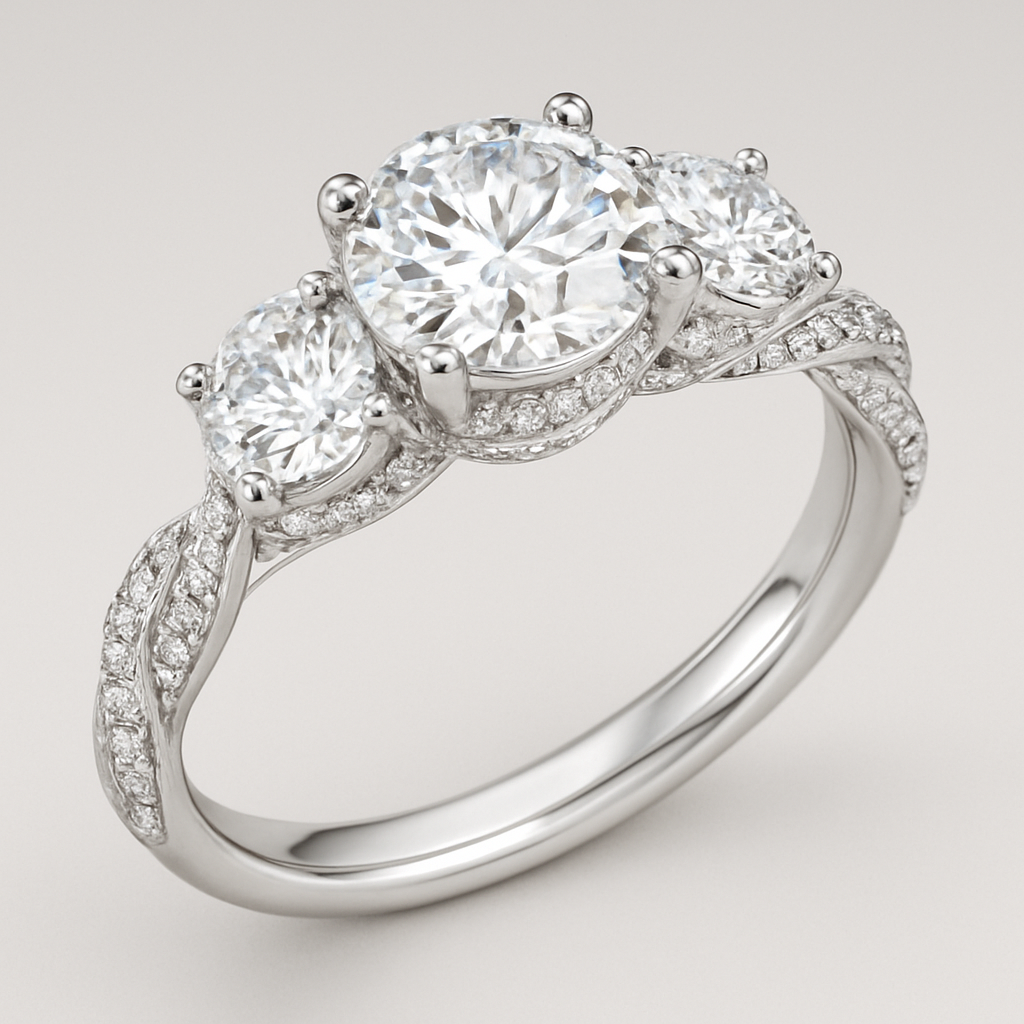 Elegant platinum 4 carat tw 3 stone ring with  hidden halo and pave twisted band