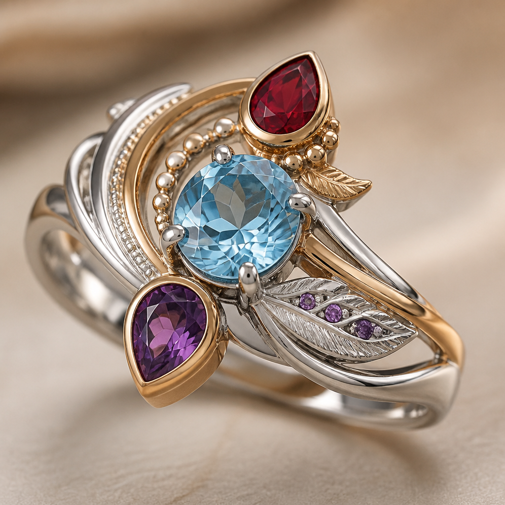 A modern women's ring made of mixed metal with topaz and garnet and amethyst stones suitable for festival. A modern women ring with little ornaments of modern motifs.
photorealistic jewelry design, A modern women's ring made of mixed metal with topaz and garnet and amethyst stones suitable for festival. A modern women ring with little ornaments of modern motifs., modern style, just the design no text