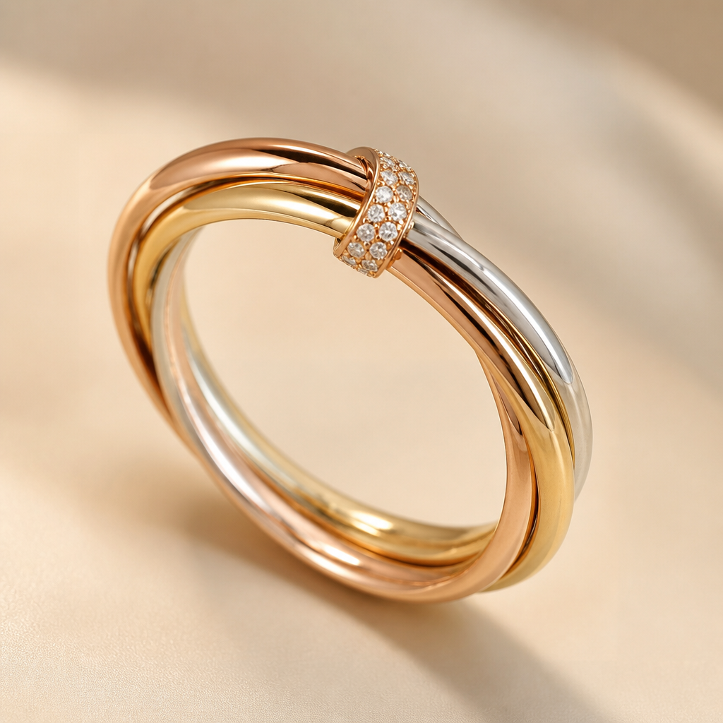 Create a luxury fine-jewelry ring inspired by the iconic Cartier Trinity aesthetic, using my sketch as the main design reference.
The ring is composed of three interlocking, continuous rounded bands, each in a different gold color: yellow gold, white gold, and rose gold. The three bands should have the characteristic smooth, fluid, rounded and elegant Trinity-style construction, where the bands overlap and move around each other naturally to form one unified ring.
Cartier-inspired aesthetic: refined French luxury, timeless and sophisticated, extremely clean design, smooth rounded bands, high-polished precious metal, elegant proportions, minimal ornamentation, recognizable three-color-gold harmony, and a sculptural interlocking construction. The design should feel luxurious and iconic rather than trendy or overly decorative.
However, do not copy any exact existing Cartier ring. Create an original interpretation with the same refined three-band visual language.
Key feature: At the upper/front connection point where the three bands come together, add a delicate diamond connector inspired by the second reference image. The connector should wrap naturally around the three bands and visually bind them together, almost like a small pavé diamond clasp or sculptural bridge.
The connector should contain multiple small round brilliant-cut diamonds, approximately 8–15 tiny diamonds, rather than only one large stone or four large stones. The diamonds should be small, closely arranged, clearly visible, and elegant, creating a subtle sparkling pavé effect.
The diamond connector should be compact and relatively thin, following the curvature of the three bands. It must look like a functional and intentional part of the ring construction—not a large decorative centerpiece.
The three gold bands should remain the main visual focus. Do not add diamonds anywhere else on the ring.
Proportions: thin, elegant bands; slightly fuller/thicker toward the lower part of the ring and subtly thicker around the upper connection area. The three bands must remain visually distinguishable from one another.
Materials: realistic 18K yellow gold, 18K white gold, and 18K rose gold, mirror-polished surfaces, realistic precious-metal reflections, precise fine-jewelry craftsmanship.
Overall impression: an elegant, minimalist, timeless three-color gold ring with a distinctive diamond connector at the top — sophisticated enough to belong to a high-end French jewelry house, but with an original identity.
Presentation: photorealistic luxury jewelry product render, macro photography, neutral warm background, soft studio lighting, realistic metal reflections, natural diamond sparkle, extremely detailed craftsmanship, premium jewelry campaign aesthetic.
photorealistic jewelry design, Create a luxury fine-jewelry ring inspired by the iconic Cartier Trinity aesthetic, using my sketch as the main design reference.
The ring is composed of three interlocking, continuous rounded bands, each in a different gold color: yellow gold, white gold, and rose gold. The three bands should have the characteristic smooth, fluid, rounded and elegant Trinity-style construction, where the bands overlap and move around each other naturally to form one unified ring.
Cartier-inspired aesthetic: refined French luxury, timeless and sophisticated, extremely clean design, smooth rounded bands, high-polished precious metal, elegant proportions, minimal ornamentation, recognizable three-color-gold harmony, and a sculptural interlocking construction. The design should feel luxurious and iconic rather than trendy or overly decorative.
However, do not copy any exact existing Cartier ring. Create an original interpretation with the same refined three-band visual language.
Key feature: At the upper/front connection point where the three bands come together, add a delicate diamond connector inspired by the second reference image. The connector should wrap naturally around the three bands and visually bind them together, almost like a small pavé diamond clasp or sculptural bridge.
The connector should contain multiple small round brilliant-cut diamonds, approximately 8–15 tiny diamonds, rather than only one large stone or four large stones. The diamonds should be small, closely arranged, clearly visible, and elegant, creating a subtle sparkling pavé effect.
The diamond connector should be compact and relatively thin, following the curvature of the three bands. It must look like a functional and intentional part of the ring construction—not a large decorative centerpiece.
The three gold bands should remain the main visual focus. Do not add diamonds anywhere else on the ring.
Proportions: thin, elegant bands; slightly fuller/thicker toward the lower part of the ring and subtly thicker around the upper connection area. The three bands must remain visually distinguishable from one another.
Materials: realistic 18K yellow gold, 18K white gold, and 18K rose gold, mirror-polished surfaces, realistic precious-metal reflections, precise fine-jewelry craftsmanship.
Overall impression: an elegant, minimalist, timeless three-color gold ring with a distinctive diamond connector at the top — sophisticated enough to belong to a high-end French jewelry house, but with an original identity.
Presentation: photorealistic luxury jewelry product render, macro photography, neutral warm background, soft studio lighting, realistic metal reflections, natural diamond sparkle, extremely detailed craftsmanship, premium jewelry campaign aesthetic., just the design no text
