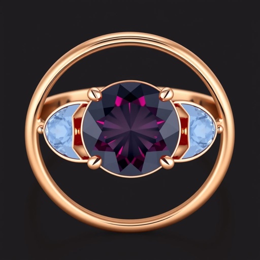 A simple rose gold engagement ring set with a circular alexandrite. Also set with a small half moon blue chalcedony on one side right next to it, and a small half moon moonstone set on the other side right next to it. On the inside of the band, it has an inscription reading, “Tuum. Et in hac vita et in altera.”