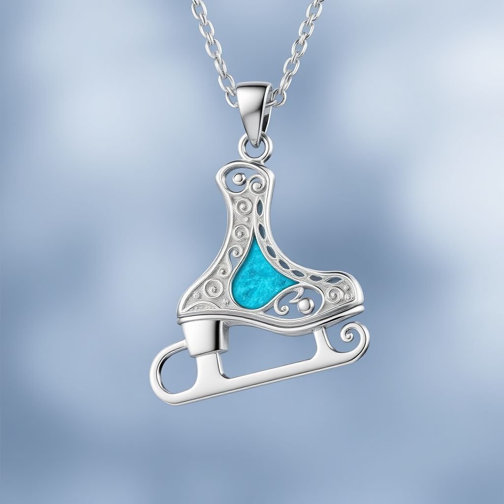 Silver Pendant shape one ice skate with turquoise stripe inside the low thin part blade 