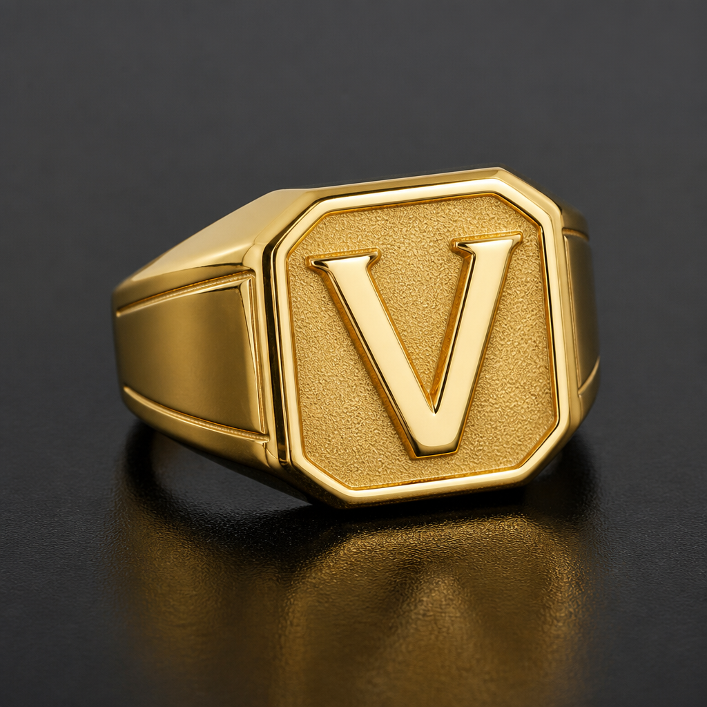 A men's ring. i need pyore gold gents ring on ring top v letter
photorealistic jewelry design, A men's ring. i need pyore gold gents ring on ring top v letter, modern style, just the design no text