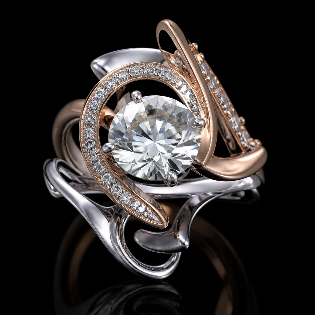 A avant-garde women's ring made of mixed metal with diamond stones suitable for festival. An extraordinary excellent beautiful delicate and elegant solitaire women ring. Face of the ring.
photorealistic jewelry design, A avant-garde women's ring made of mixed metal with diamond stones suitable for festival. An extraordinary excellent beautiful delicate and elegant solitaire women ring. Face of the ring., avant_garde style, just the design no text