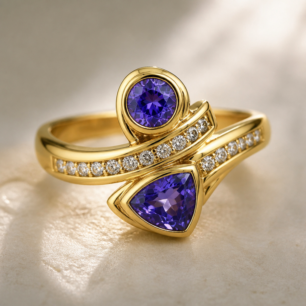 A bohemian women's ring made of gold with diamond stones suitable for daily wear. 6mm round tanzinite, 8mm trillion tanzinite with channel set diamond accents, free-form design
photorealistic jewelry design, A bohemian women's ring made of gold with diamond stones suitable for daily wear. 6mm round tanzinite, 8mm trillion tanzinite with channel set diamond accents, free-form design, bohemian style, just the design no text