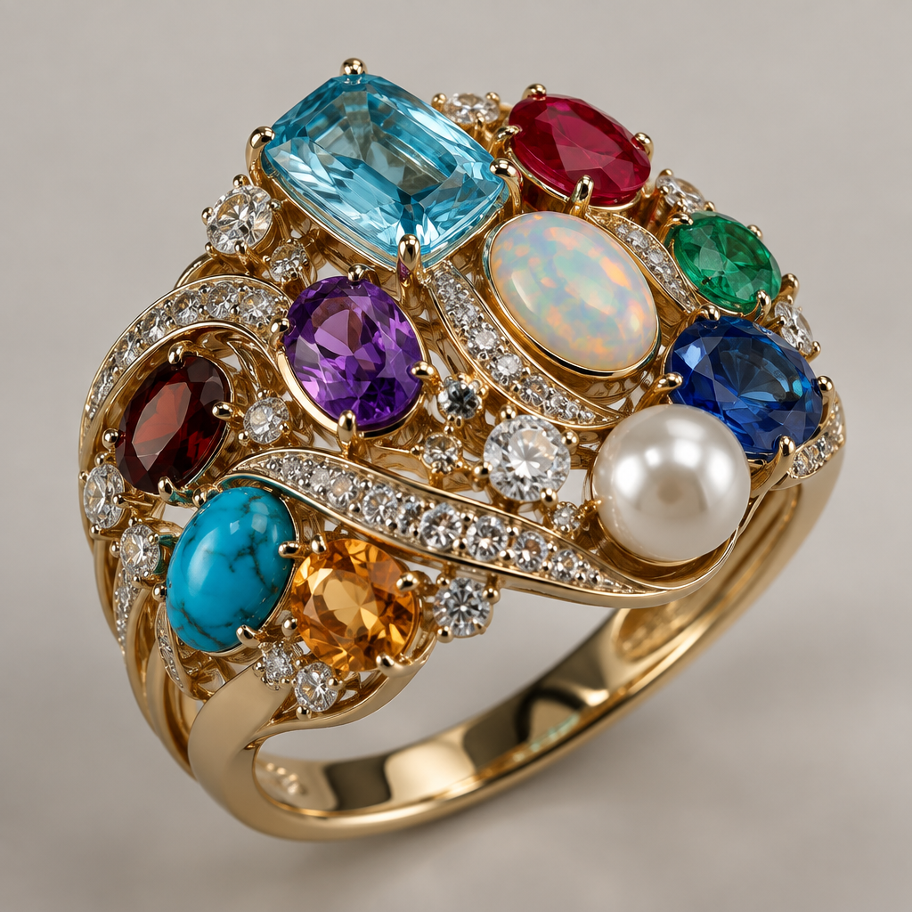 A women's ring with aquamarine and ruby and diamond and opal and sapphire and emerald and pearl and amethyst and garnet and turquoise and topaz stones
photorealistic jewelry design, A women's ring with aquamarine and ruby and diamond and opal and sapphire and emerald and pearl and amethyst and garnet and turquoise and topaz stones, modern style, just the design no text