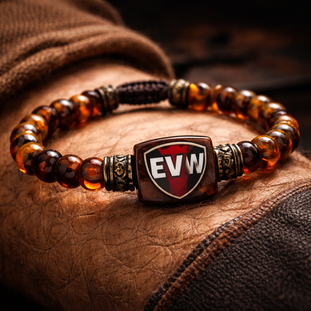 Do not use silver or gold or bronze and bracelet for man only amber stones small size EVW logo on the amber stone red and black and white colours arm