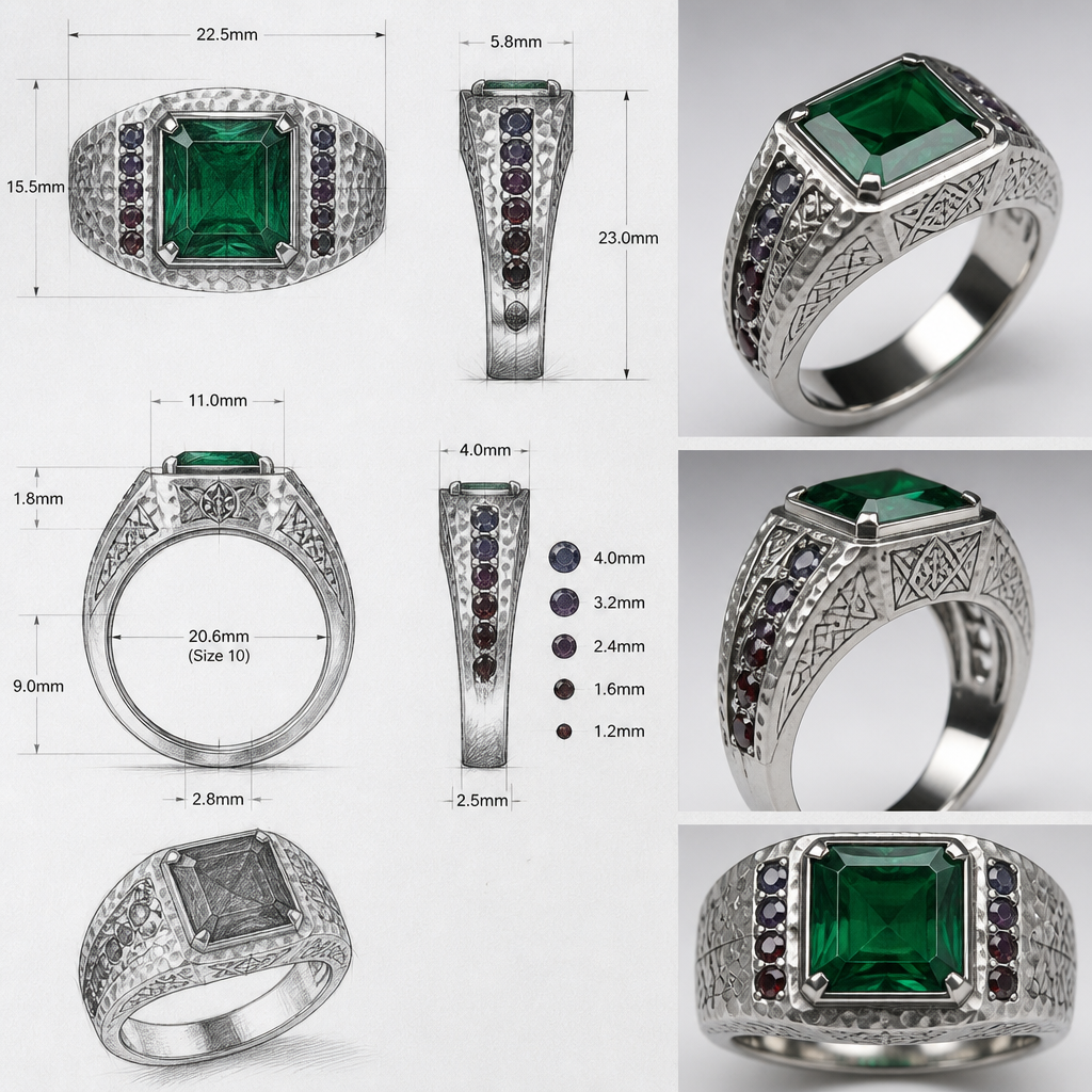 A industrial men's ring made of silver with emerald and garnet stones. a square emerald cut 11mm by 11mm emerald in a signet ring with garnets on the side between 3 and 6 on each side that goes from really dark red almost black to purple and then blueish garnet at the top on the sides close to the emerald also making the blueish garnet 4mm and going a size smaller until the dark red at the bottom at 1.2mm
i would like a detailed sketch with mesures and also a photo realistique of the ring
id like some scandinavian ingraving
and a hammered texture on the top half that slowly transition to a polished finish on the bottom of the ring
photorealistic jewelry design, A industrial men's ring made of silver with emerald and garnet stones. a square emerald cut 11mm by 11mm emerald in a signet ring with garnets on the side between 3 and 6 on each side that goes from really dark red almost black to purple and then blueish garnet at the top on the sides close to the emerald also making the blueish garnet 4mm and going a size smaller until the dark red at the bottom at 1.2mm
i would like a detailed sketch with mesures and also a photo realistique of the ring
id like some scandinavian ingraving
and a hammered texture on the top half that slowly transition to a polished finish on the bottom of the ring, industrial style, just the design no text