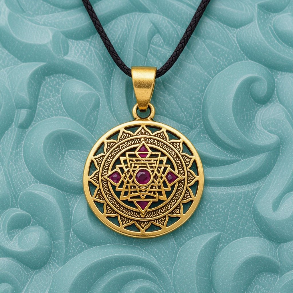 Золотой матовый кулон состаренный в виде круга, в центре изображена янтра богини кали