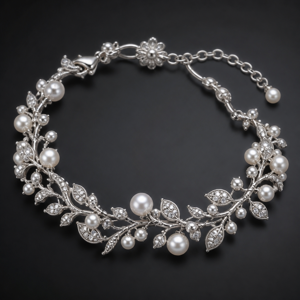 A nature-inspired women's bracelet made of platinum with pearl stones, highly ornate, intricate and elaborate, richly detailed. delicate
photorealistic jewelry design, A nature-inspired women's bracelet made of platinum with pearl stones, highly ornate, intricate and elaborate, richly detailed. delicate, nature_inspired style, just the design no text