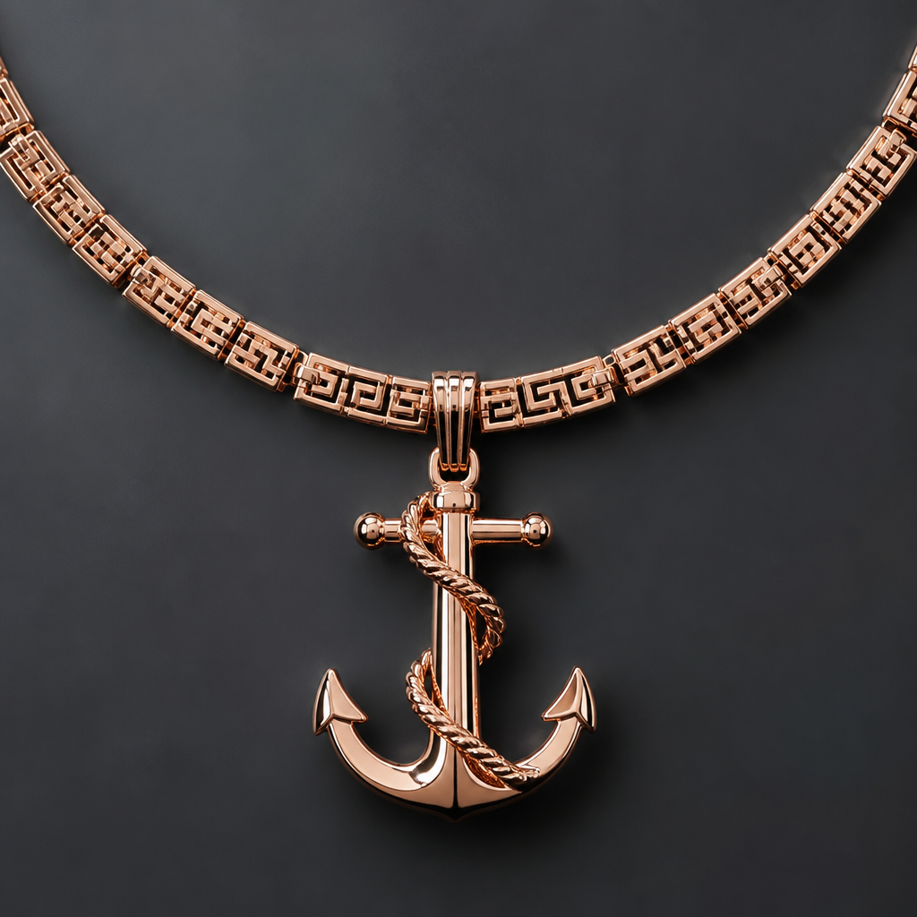 Pink gold Versace chain with anchor pendant
photorealistic jewelry design, Pink gold Versace chain with anchor pendant , just the design no text