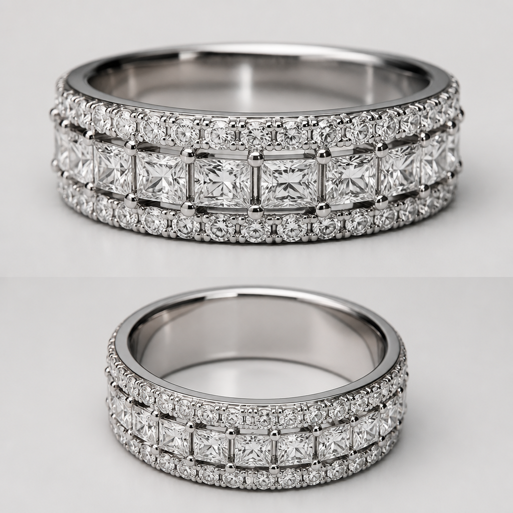 A women's ring made of platinum with diamond stones. eternity ring with a mixture of round and square princess cut diamonds I'd like it to be a thickish band taste like it was maybe 3 rows. The centre row square cup, princess diamonds and the outer rows round.Maybe some negative space the back of the race should just be solid.Platinum, no diamonds. a door so like the diamonds to be claw held. i want the round diamonds to be smaller than the square in the middle, so that they match my wedding and engagement ring at the moment.The pictures showing the round princess cut diamonds too large
photorealistic jewelry design, A women's ring made of platinum with diamond stones. eternity ring with a mixture of round and square princess cut diamonds I'd like it to be a thickish band taste like it was maybe 3 rows. The centre row square cup, princess diamonds and the outer rows round.Maybe some negative space the back of the race should just be solid.Platinum, no diamonds. a door so like the diamonds to be claw held. i want the round diamonds to be smaller than the square in the middle, so that they match my wedding and engagement ring at the moment.The pictures showing the round princess cut diamonds too large, modern style, just the design no text