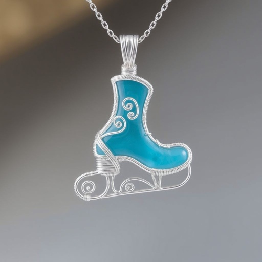 Silver Pendant shape one ice skate with turquoise stripe inside the low thin part blade