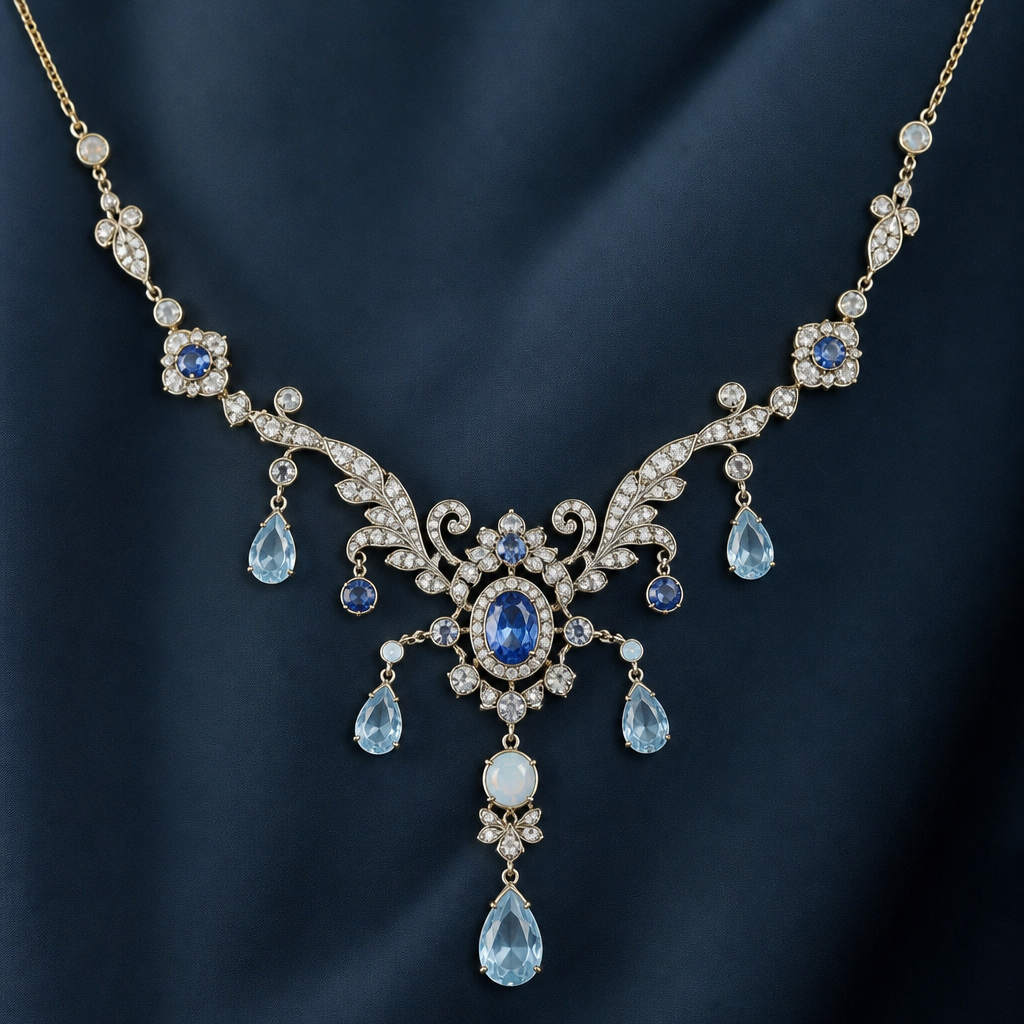 A edwardian women's necklace with diamond and sapphire and aquamarine and opal stones. BLUE LOYALTY
photorealistic jewelry design, A edwardian women's necklace with diamond and sapphire and aquamarine and opal stones. BLUE LOYALTY, edwardian style, just the design no text