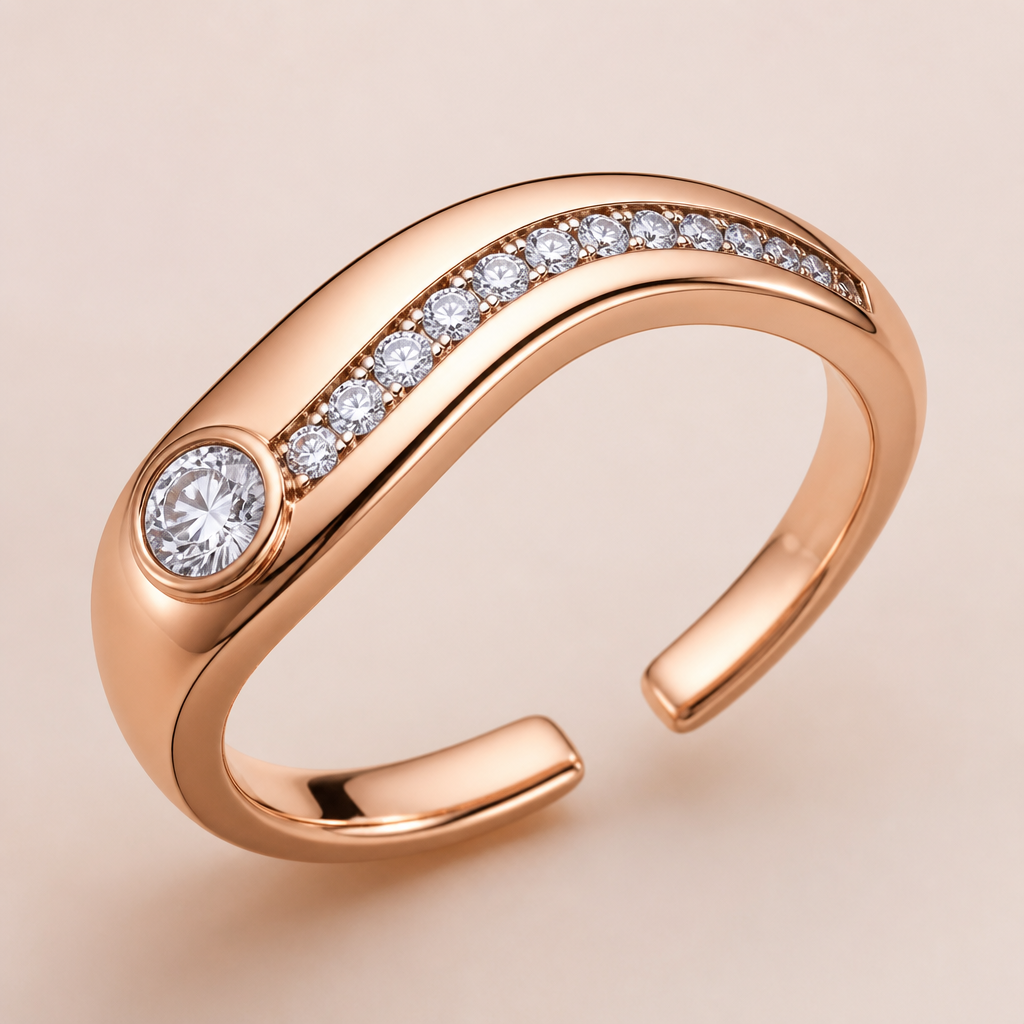 A modern women's ring made of rose gold with diamond stones suitable for gift. Picture a sleek, open rose gold band that gently tapers. Along the top, imagine a single continuous wave of channel-set diamonds—no prongs, just a fluid line of sparkle. At one end of the wave, a single larger diamond sits flush with the band, subtly anchoring the design. The overall feel is futuristic, minimal, but with a touch of organic flow—like a modern skyline in rose gold.
photorealistic jewelry design, A modern women's ring made of rose gold with diamond stones suitable for gift. Picture a sleek, open rose gold band that gently tapers. Along the top, imagine a single continuous wave of channel-set diamonds—no prongs, just a fluid line of sparkle. At one end of the wave, a single larger diamond sits flush with the band, subtly anchoring the design. The overall feel is futuristic, minimal, but with a touch of organic flow—like a modern skyline in rose gold., modern style, just the design no text
