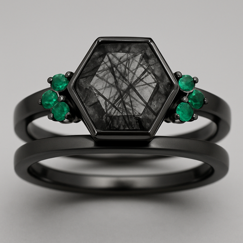 2pc ring set, Black band, medium long hexagon cut rutilated black quartz, emerald accent stones 3 on each side in a cluster 
