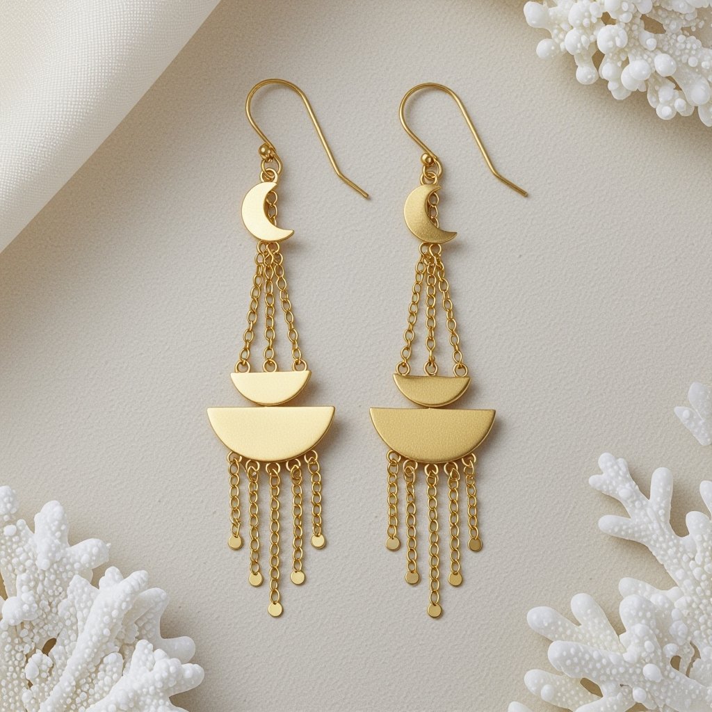 Длинные серьги золотые матовые с несколькими цепочками на каждой цепочке маленький полумесяц и полная луна 
