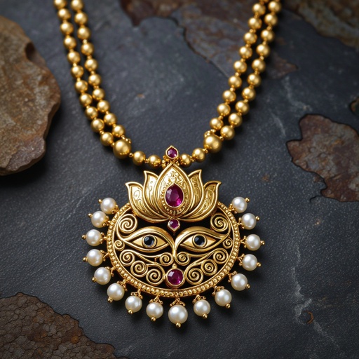 Кулон на длинной цепочке. Матовое светлое золото. В цепочке небольшие золотые шарики и жемчуг. Кулон в виде двух глаз над ними лотос с маленьким красным камнем внутри узоры завитушки 