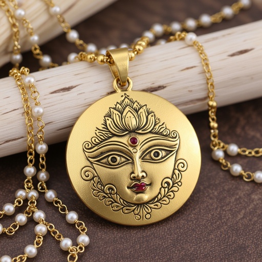 Кулон на длинной цепочке. Матовое светлое золото. В цепочке небольшие золотые шарики и жемчуг. Кулон в виде двух глаз над ними лотос с маленьким красным камнем внутри узоры завитушки 
