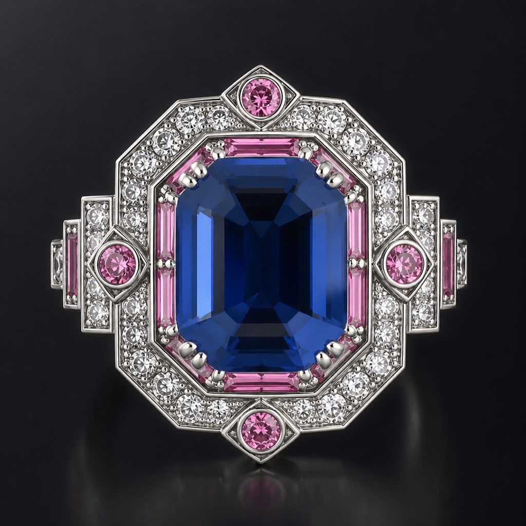 Octagon sapphire with diamonds and small round pink sapphire
photorealistic jewelry design, Octagon sapphire with diamonds and small round pink sapphire , geometric style, just the design no text