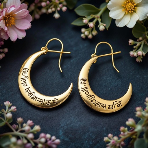 Серьги золотые в форме тонкого изящного полумесяца, полукруг как продолжение застежки, на полукруге надписи мантрами на санскрите