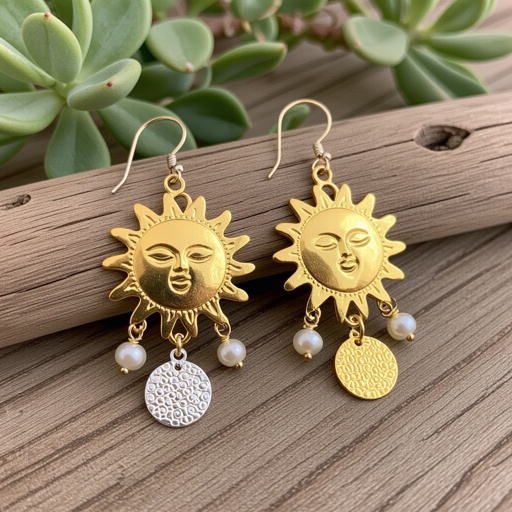 Золотые серьги словно мятое золото в форме горящего солнца с волнистыми лучами, в центре солнца круглая дыра. крепится к застежке серьги. К нижней части солнца крепятся подвески: миниатюрная серебристая луна, очень маленький жемчуг и маленький золотой кружочек с мятым эффектом плоский