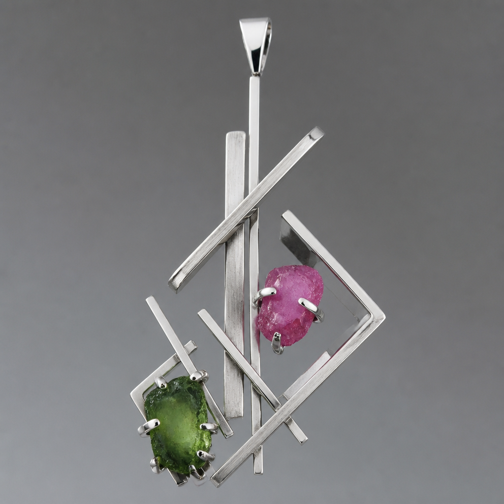 A women's pendant made of silver. Es una pieza que juega con la geometría, algunos vértices y ángulos de 45 grados, con líneas rectas que lo atraviesan, también piedras en bruto de turmalinas, verde y rosa, una en la parte inferior izquierda y la otra un poco más arriba pero a la derecha
photorealistic jewelry design, A women's pendant made of silver. Es una pieza que juega con la geometría, algunos vértices y ángulos de 45 grados, con líneas rectas que lo atraviesan, también piedras en bruto de turmalinas, verde y rosa, una en la parte inferior izquierda y la otra un poco más arriba pero a la derecha, modern style, just the design no text
