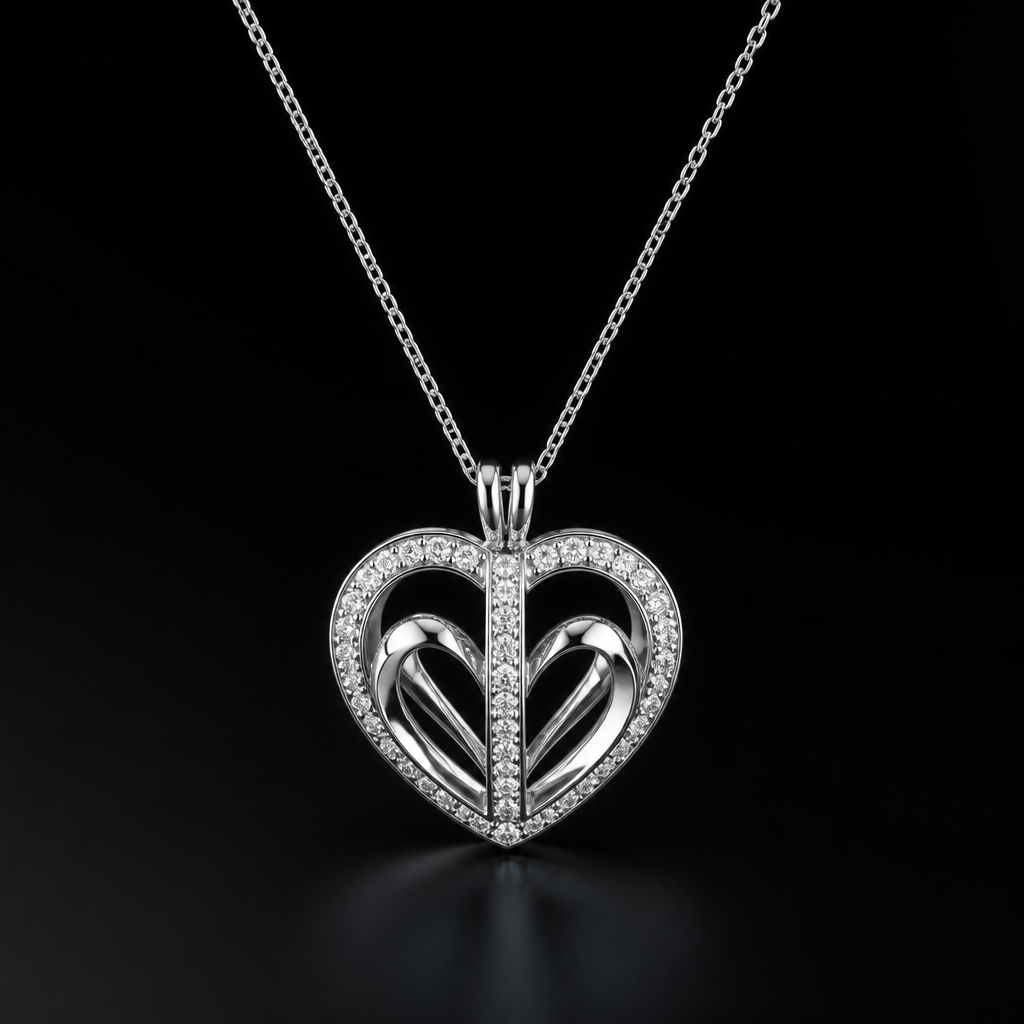 A women's necklace made of silver with diamond stones. metal fin et ligne droite de diamand au milieu du coeur, et a linterieur
photorealistic jewelry design, A women's necklace made of silver with diamond stones. metal fin et ligne droite de diamand au milieu du coeur, et a linterieur, modern style, just the design no text