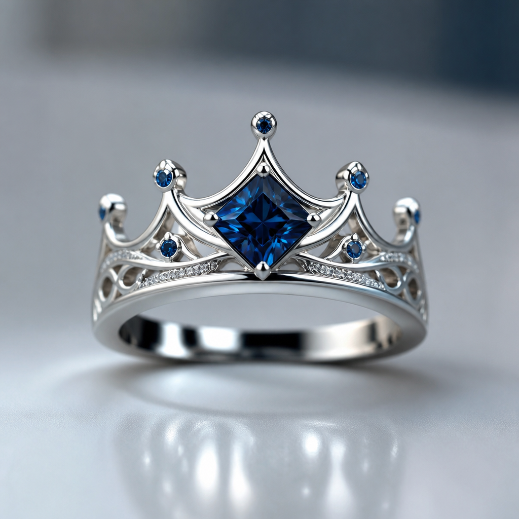 A women's ring. a princess cut deep blue diamond for a young boy in the shape of a crown on a white gold setting made like a crown with intricate designs in the sides of it
photorealistic jewelry design, A women's ring. a princess cut deep blue diamond for a young boy in the shape of a crown on a white gold setting made like a crown with intricate designs in the sides of it, modern style, just the design no text