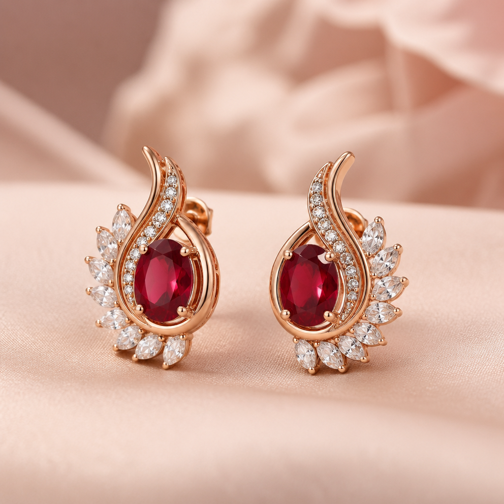 A luxury women's earrings made of rose gold with ruby and diamond stones suitable for engagement. I want u to design simia earings matching with this ring
photorealistic jewelry design, A luxury women's earrings made of rose gold with ruby and diamond stones suitable for engagement. I want u to design simia earings matching with this ring, luxury style, just the design no text