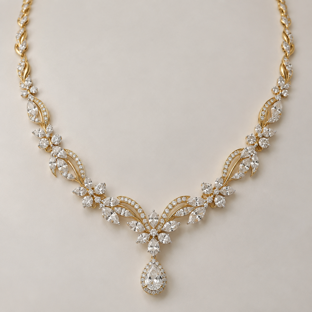 A diamond women's necklace made of gold
photorealistic jewelry design, A diamond women's necklace made of gold, diamond style, just the design no text