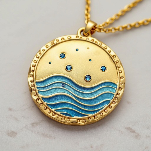 Золотой матовый медальон в форме неровного круга с неровными краями. По краям выпуклые точки сплошной линией. На круге разные волнистые узоры словно волны. Три миниатюрных голубых камушка хаотично расположены в круге