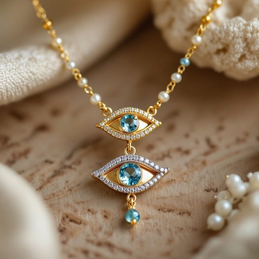 Тонкая цепочка с золотыми и серебряными шариками и мелкими жемчужными камушками на цепочке есть кулон в форме глаза, зрачок глаза из аквамарина от глаза идет маленькая подвеска с маленькими камушками аквамарина 
