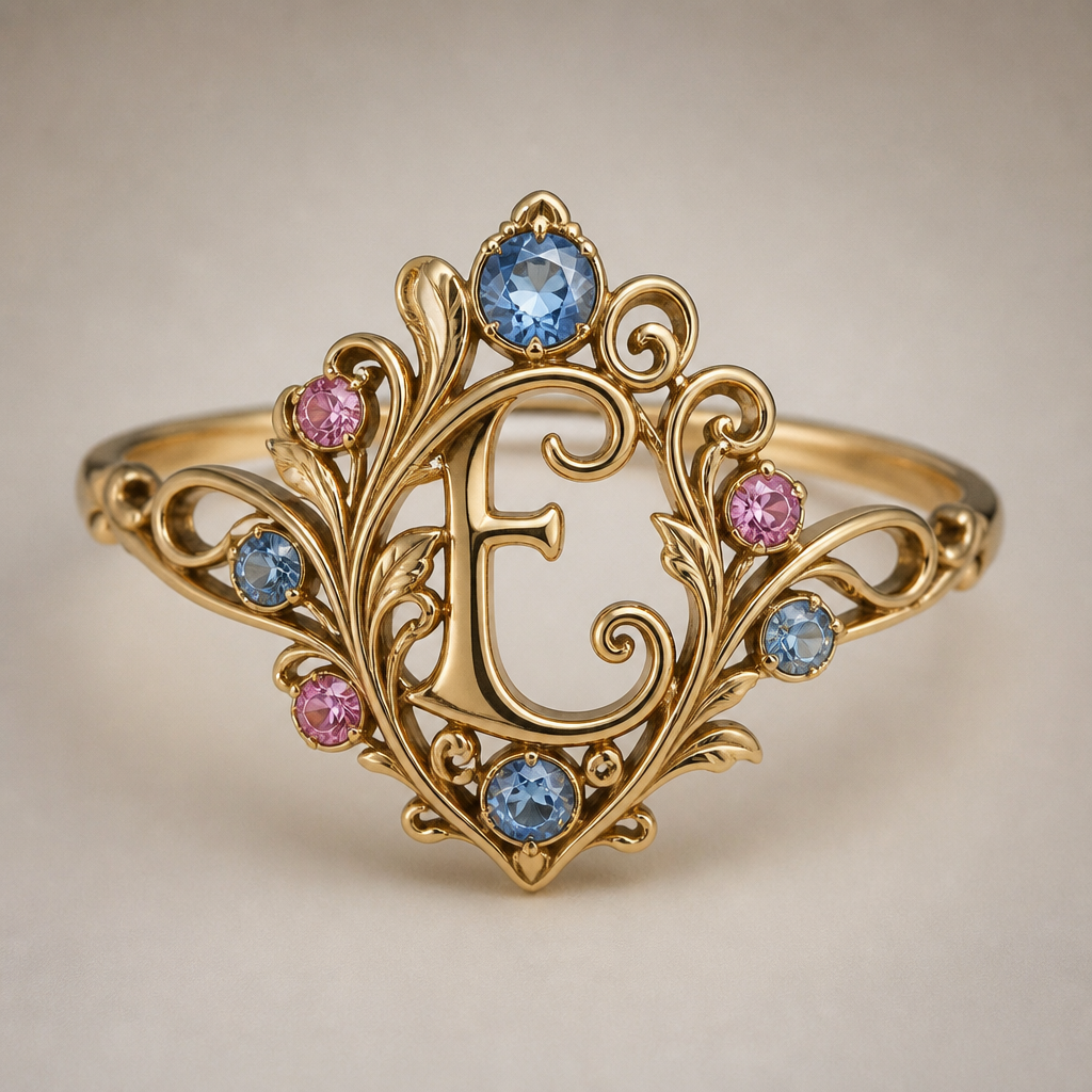 A art nouveau women's ring. anel de 15 anos com inicial E com pedras azul e rosa em volta
photorealistic jewelry design, A art nouveau women's ring. anel de 15 anos com inicial E com pedras azul e rosa em volta, art_nouveau style, just the design no text