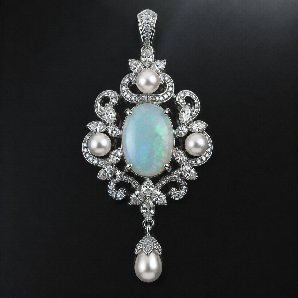 A luxury women's pendant made of white gold with diamond and pearl and opal stones suitable for formal, detailed and decorative, moderately ornate