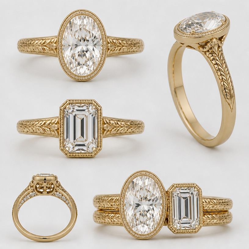 Remove the halo on the oval and replace with milgrain bezel design
edit the attached jewelry design with these instructions: Remove the halo on the oval and replace with milgrain bezel design. keep it photorealistic, just the design no text