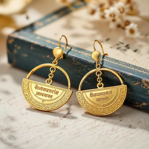 Серьги золотые в форме тонкого изящного полумесяца, полукруг как продолжение застежки, на полукруге надписи мантрами на санскрите