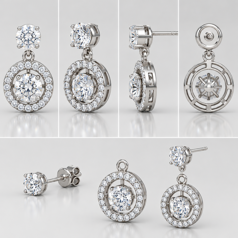 A women's earrings. ตามแบบที่แนบไป สามารถถอดออกเป็นชิ้นๆ ได้, 4 view,เป็นตุ้งติ้งใต้ใบหู
using the attached image as a visual reference, create A women's earrings. ตามแบบที่แนบไป สามารถถอดออกเป็นชิ้นๆ ได้, 4 view,เป็นตุ้งติ้งใต้ใบหู. photorealistic, just the design no text