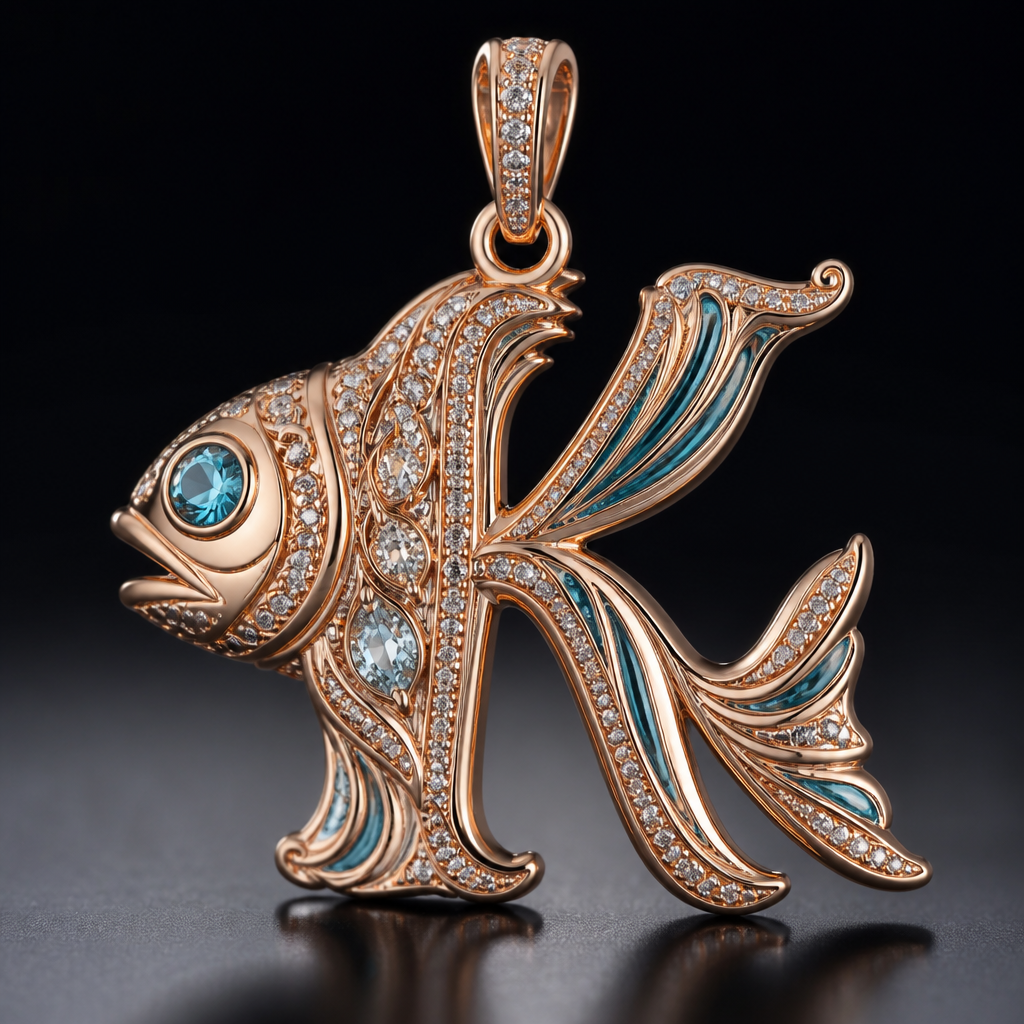 A women's ring, highly ornate, intricate and elaborate, richly detailed. Кулон буквы К в виде рыбки
photorealistic jewelry design, A women's ring, highly ornate, intricate and elaborate, richly detailed. Кулон буквы К в виде рыбки, modern style, just the design no text