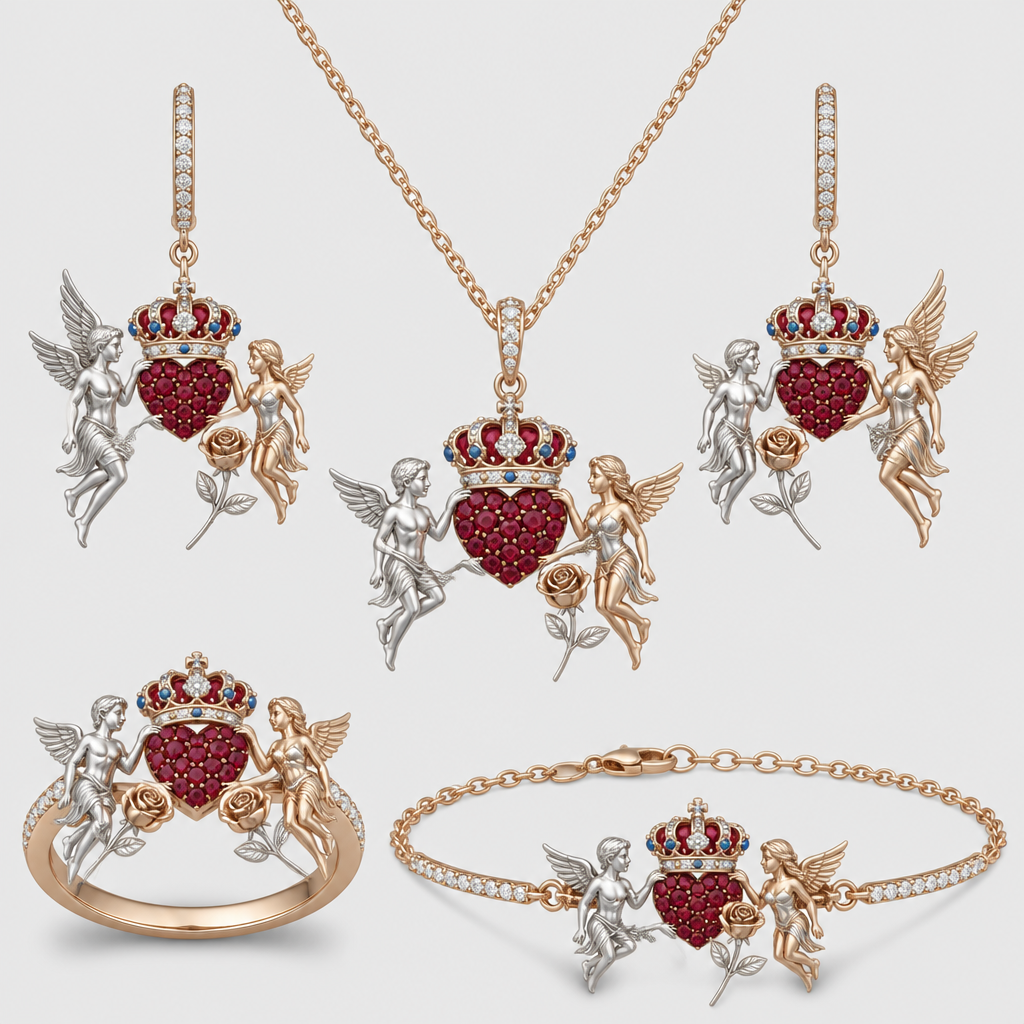 A minimalist women's ring made of mixed metal with diamond and ruby and sapphire stones suitable for wedding. An extraordinary excellent beautiful delicate and elegant set of jewelry with one ring, two ear rings, one pendant and one bracelet, with a heart in the middle which will be full of rubies, an extraordinary beautiful delicate and elegant female Angel with long hair at the right side of the heart and an extraordinary fit beautiful delicate and elegant male Angel at the left side of the heart, both Angels are to hold a heart with their right hand and a rose with their left hand, over the central heart is to be placed a beautiful, delicate elegant and extraordinary excellent crown with a diamond at the middle of the crown and around the crown to be placed rubies and sapphires the crown to be placed on the heart.