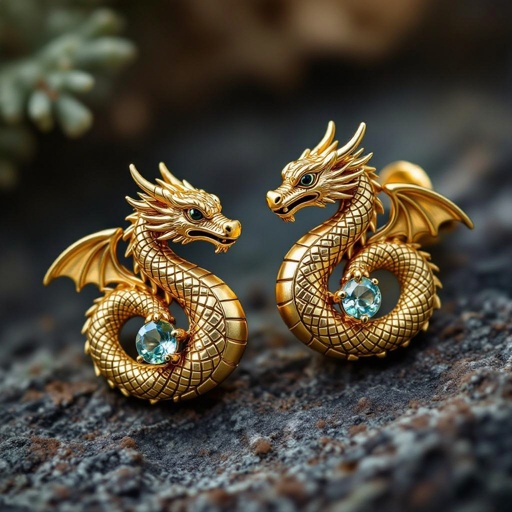 Золотые матовые серьги с изображением дракона узоры и камни мелкие раузтопаз