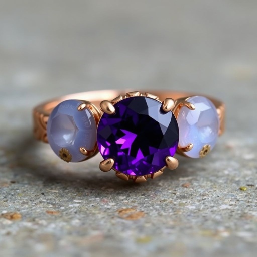 A simple, three stone 18 karat rose gold engagement ring set with a circular purple alexandrite. Also set with a small half moon cut blue chalcedony on one side right next to it, and a small half moon cut moonstone set on the other side right next to it. On the inside of the band, it has an inscription reading, “Tuum. Et in hac vita et in altera.”