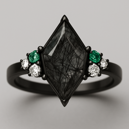 Kite cut Black rutilated quartz with 1 emerald on each side and 3 moissanite on each side accent stones in a cluster on a black band