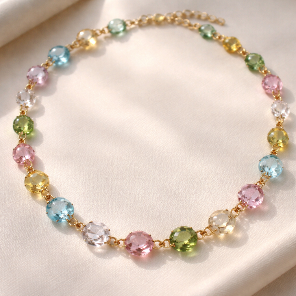 18 inch Gemstone necklace with gold chain that connects the stones. Colorful gemstones that are light blue, pink, yellow, clear, and green. May the gemstones be 6 mm and different shapes
18 inch Gemstone necklace with gold chain that connects the stones. Colorful gemstones that are light blue, pink, yellow, clear, and green. May the gemstones be 6 mm and different shapes , bespoke style