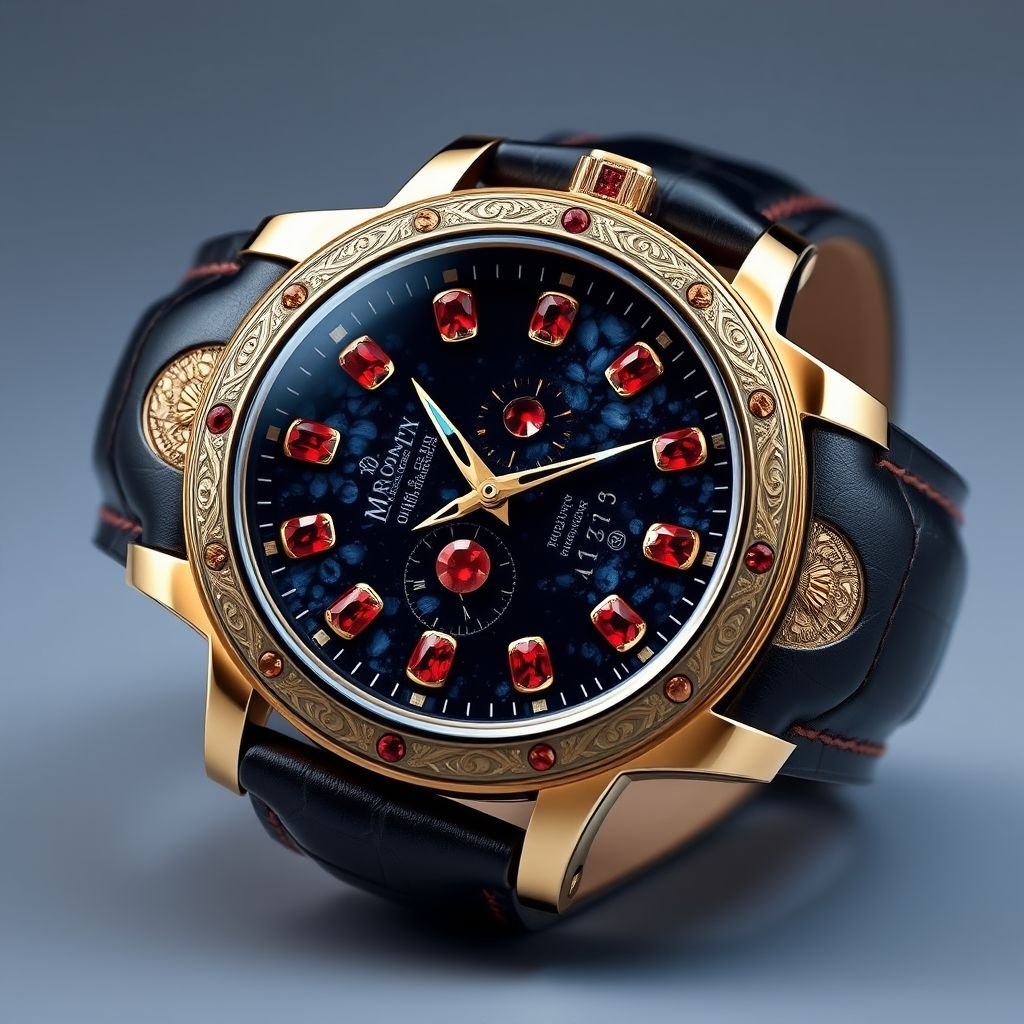 Create a male watch made of blue gold, red diamonds and moon rock
Design a luxurious male watch that exudes sophistication. Crafted from lustrous blue gold, the case features intricate engravings, while the dial showcases radiant red diamonds, casting an aura of opulence. Accentuate the timepiece with genuine moon rock inlays, symbolizing cosmic elegance. A polished leather band completes this statement of refined masculine luxury.